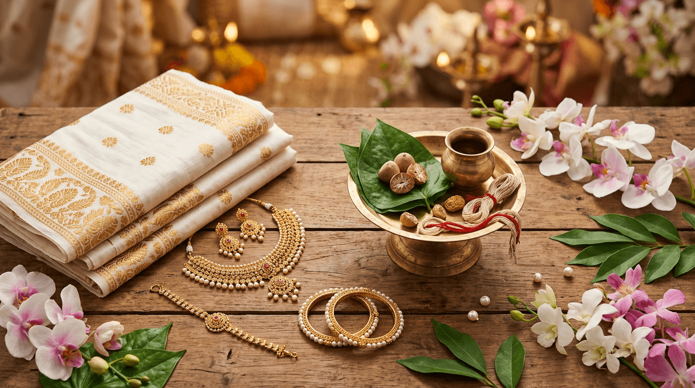 Stylized still life: white and gold fabric fold, pearl and gold jewellery, ceremonial brass plate, orchids