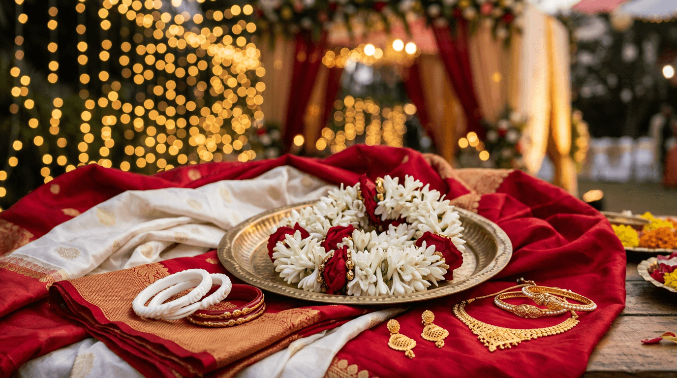 Stylized still life: red and white silk, shankha pola bangles, tuberose and roses on a brass tray, warm bokeh lights