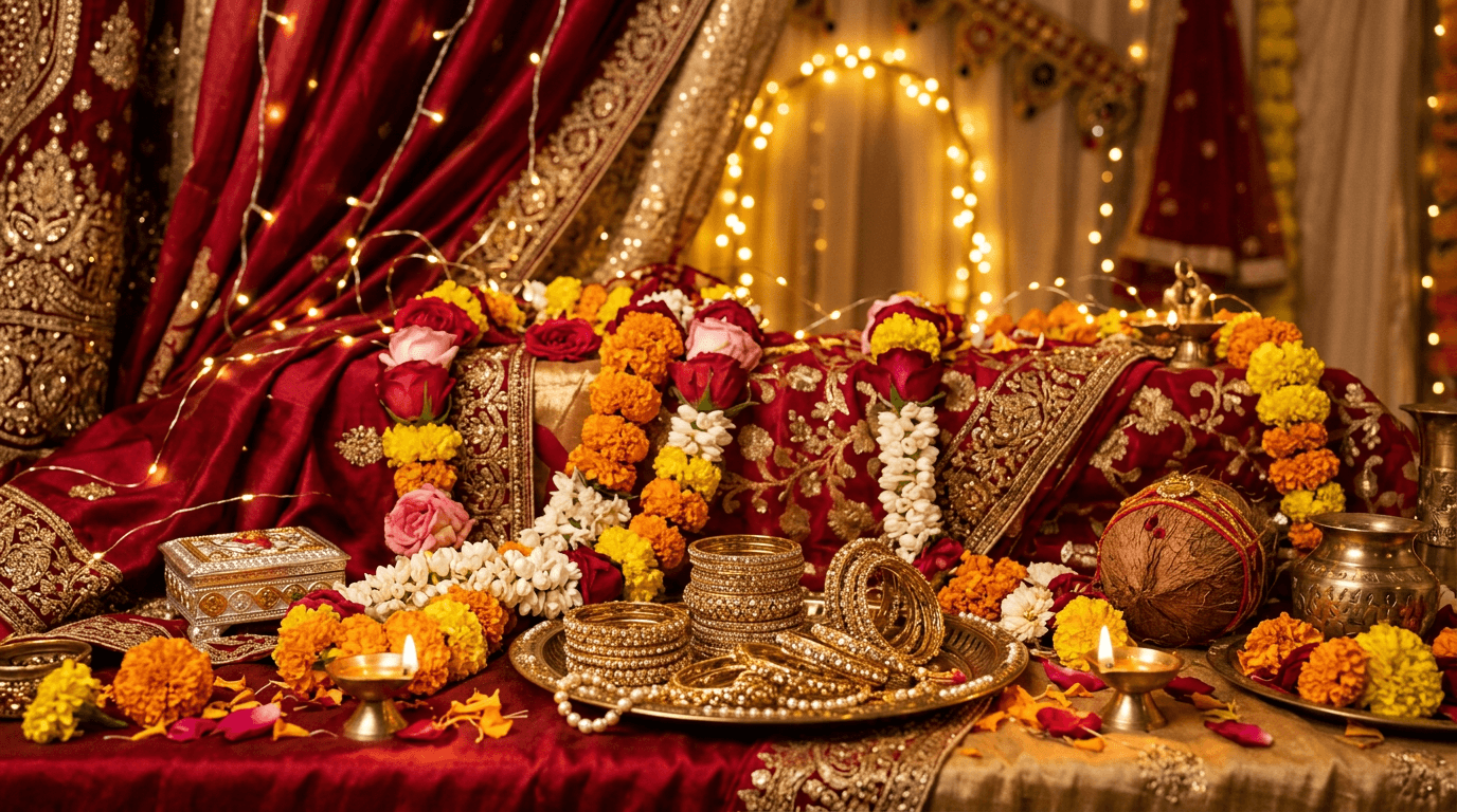 Stylized still life: red and gold fabric, gold bangles, flower garland, warm fairy lights
