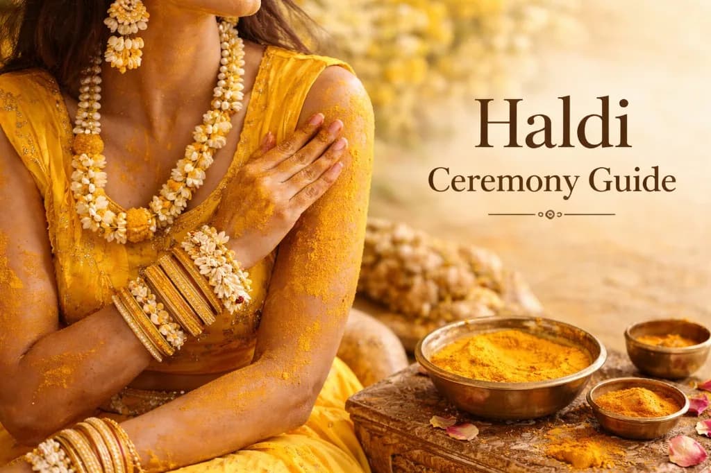 Bride in yellow attire during Haldi ritual with turmeric bowls and floral jewelry
