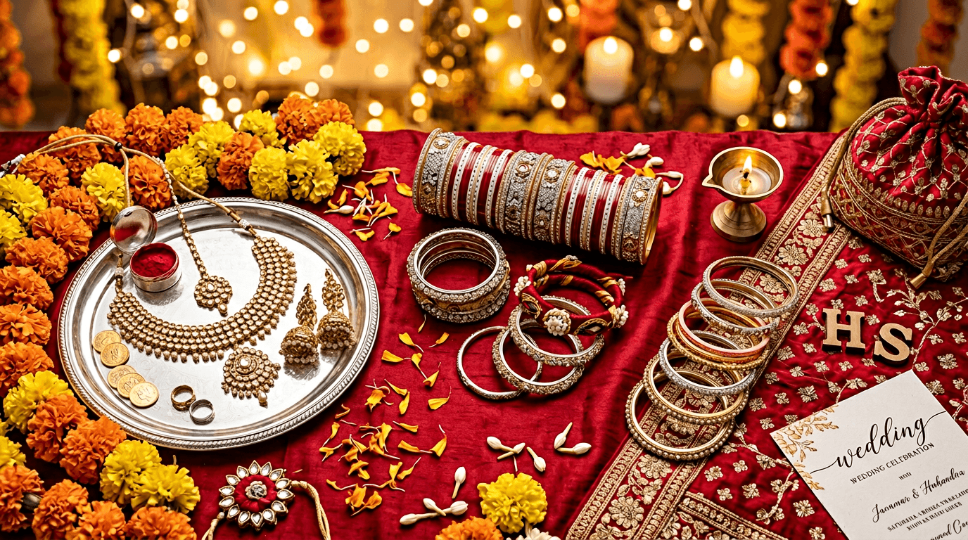 Stylized still life: red fabric, silver payal, marigolds, golden bokeh background