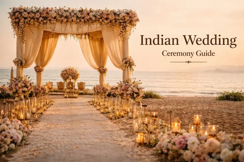 Warm editorial Indian wedding mandap with floral decor and ceremonial aisle