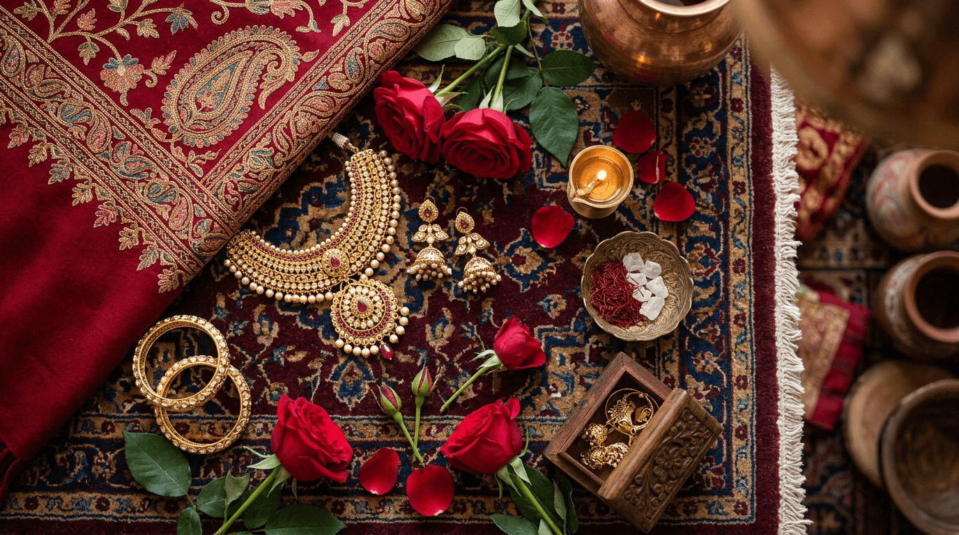 Stylized still life: jewel-tone embroidered fabric, gold jewellery, roses, warm bokeh