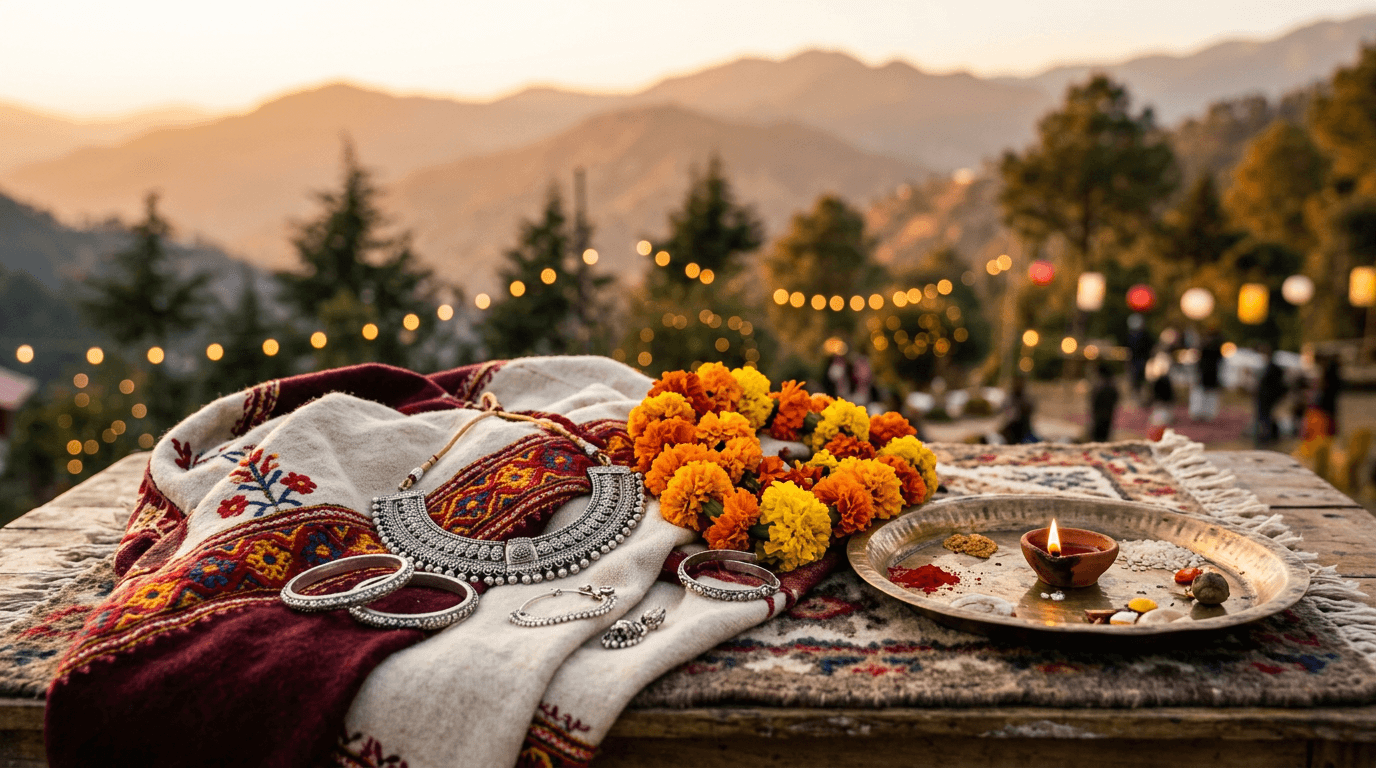 Stylized still life: embroidered wool shawl, silver jewellery, marigold garland, brass thali, mountain mood