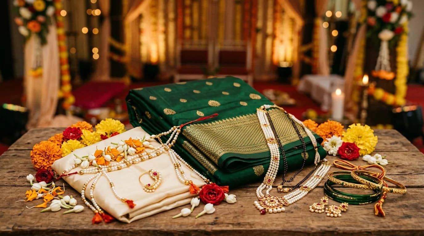 Stylized still life: green and gold nauvari silk, pearl and gold jewellery, floral wedding headpiece on fabric