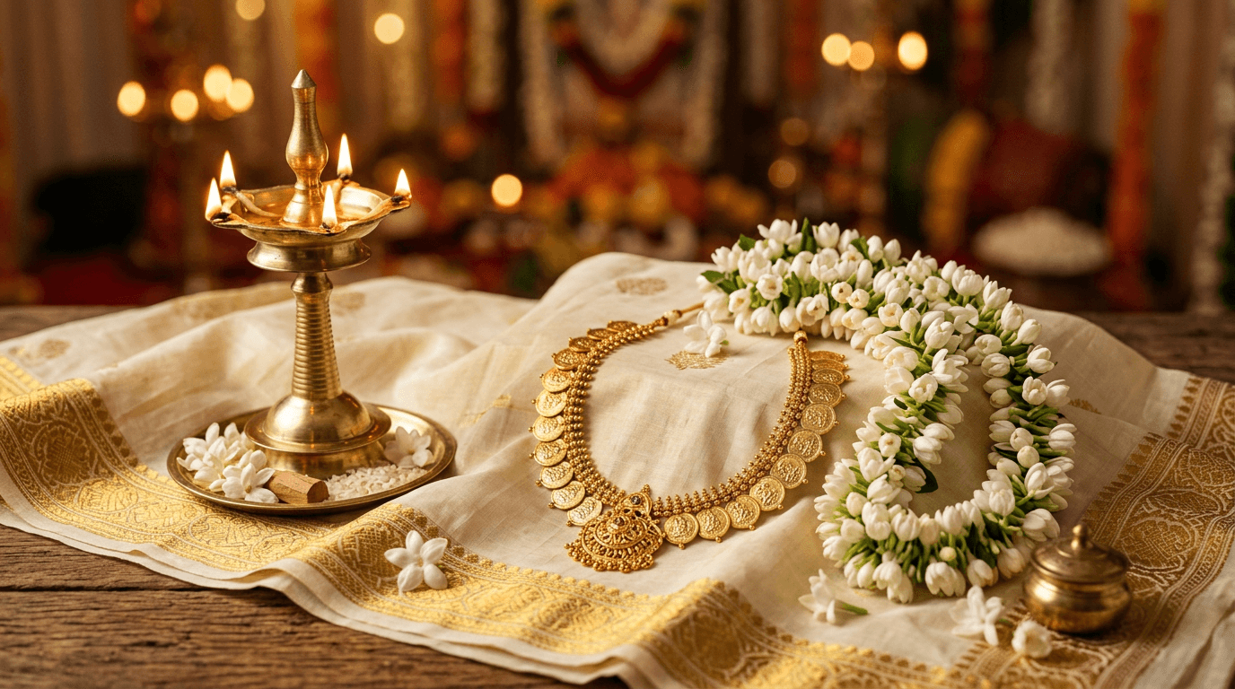 Stylized still life: kasu mala gold necklace, jasmine, kasavu silk, brass lamp