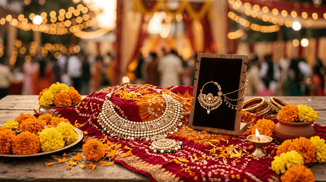 Stylized still life: bandhani fabric, gold bridal jewellery, marigolds