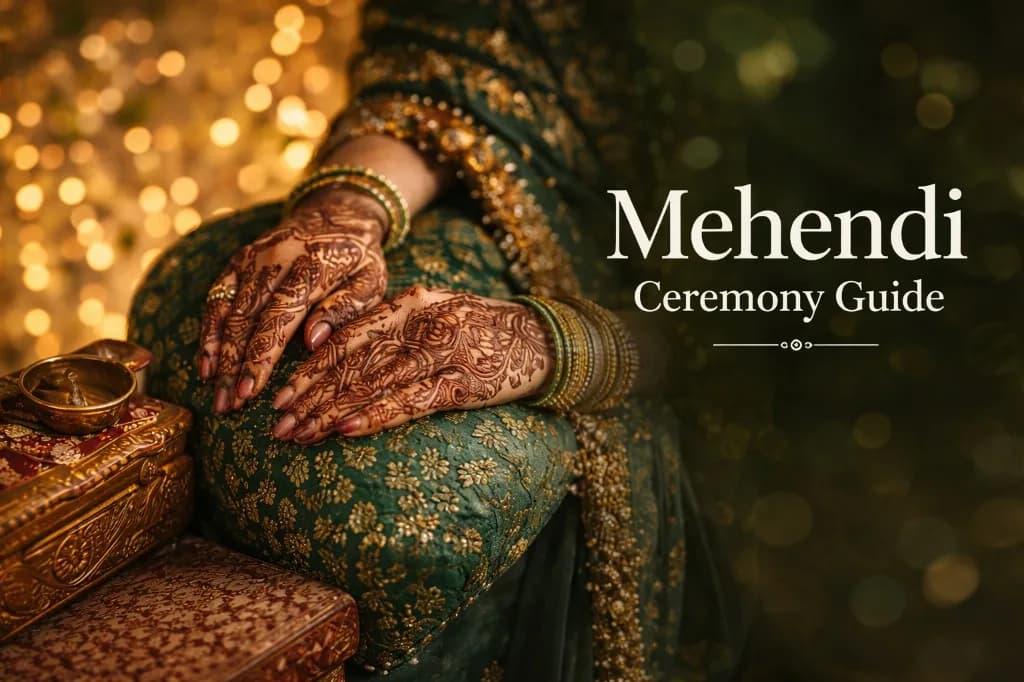 Mehendi design close-up on bride hands in traditional attire, rich green festive mood