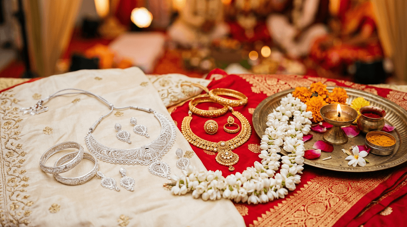 Stylized still life: gold and silver jewellery on cream and red silk, jasmine, brass plate with flowers
