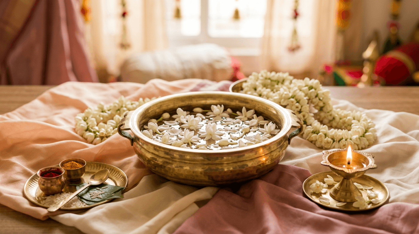 Stylized still life: soft naming ceremony mood with brass bowl, jasmine, pastel silk, and diya