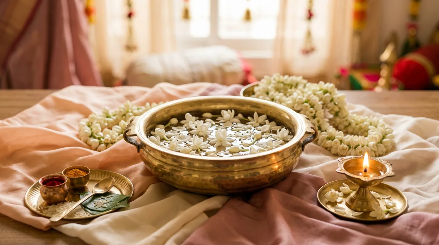 Soft Naamkaran naming ceremony mood with brass bowl, jasmine, rice grains, pastel silk, and a lit diya