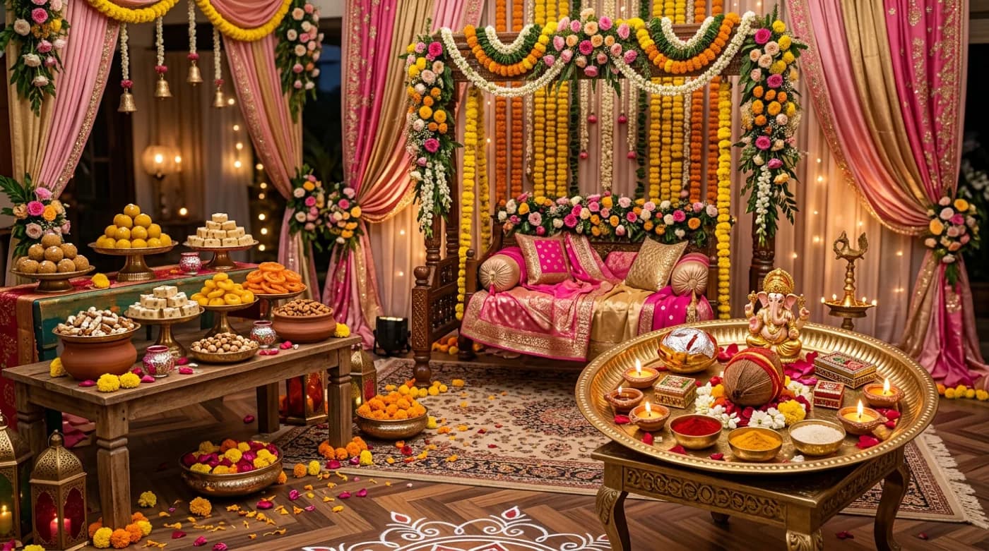 Godh Bharai mood with florals, pink and gold silk, brass thali filled with fruit, festive elegance for the expectant mother
