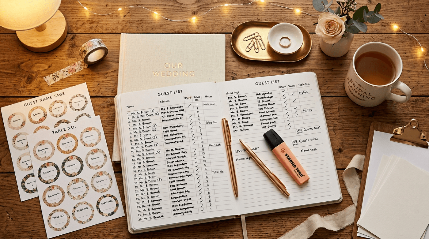 Stylized still life: guest list notebook, tags and highlighter, organized event planning desk