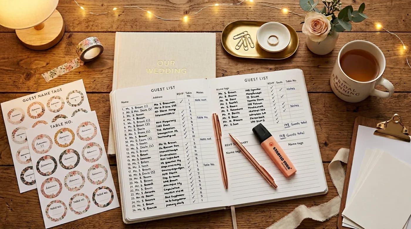Stylized still life: guest list notebook, tags and highlighter, organized event planning desk