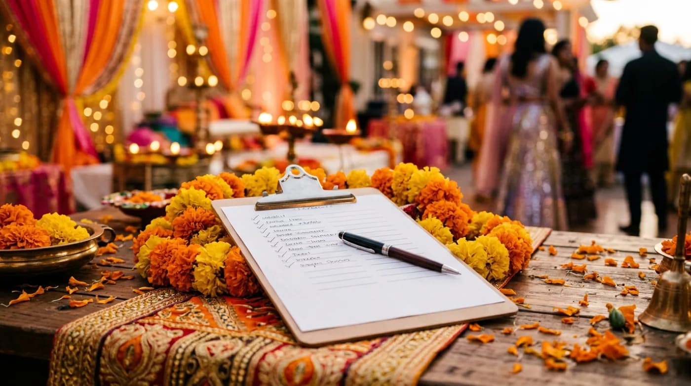 Stylized still life: invitation planning checklist on clipboard, pen, marigold accent, warm bokeh