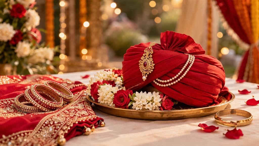 Traditional Indian wedding accessories: red groom turban with gold sarpech and pearls, ornate gold bangles, and a rose and jasmine varmala on a tray, warm festive lights