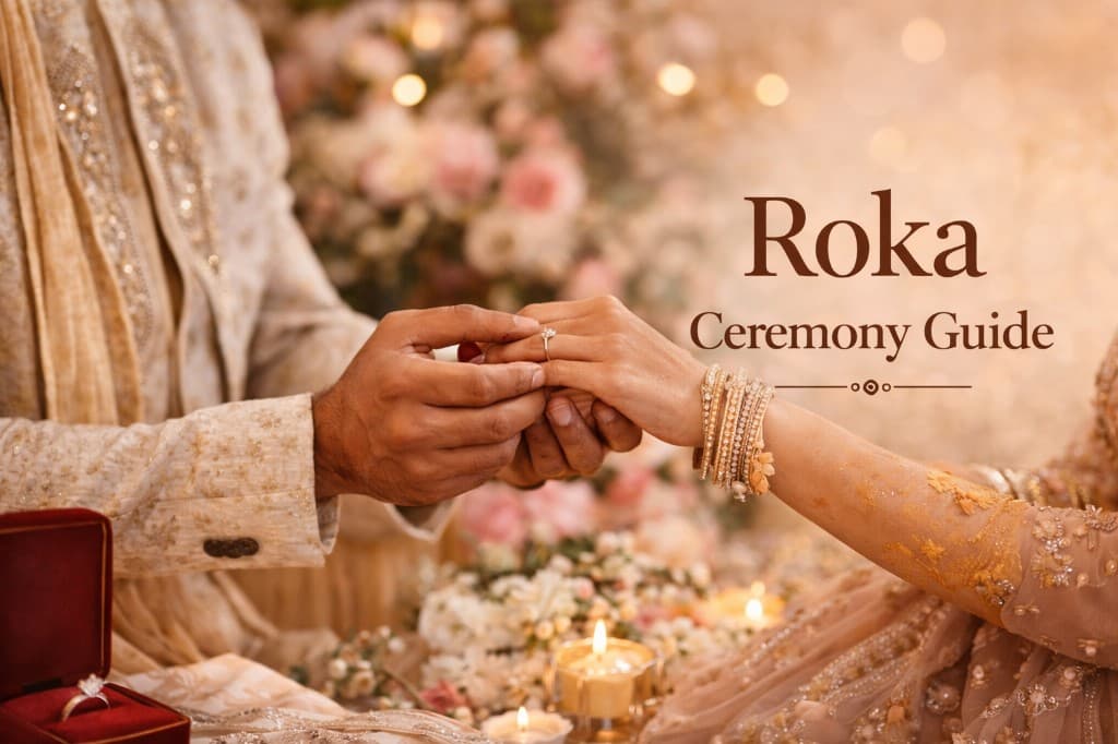 Couple ring exchange moment during Roka with warm floral decor