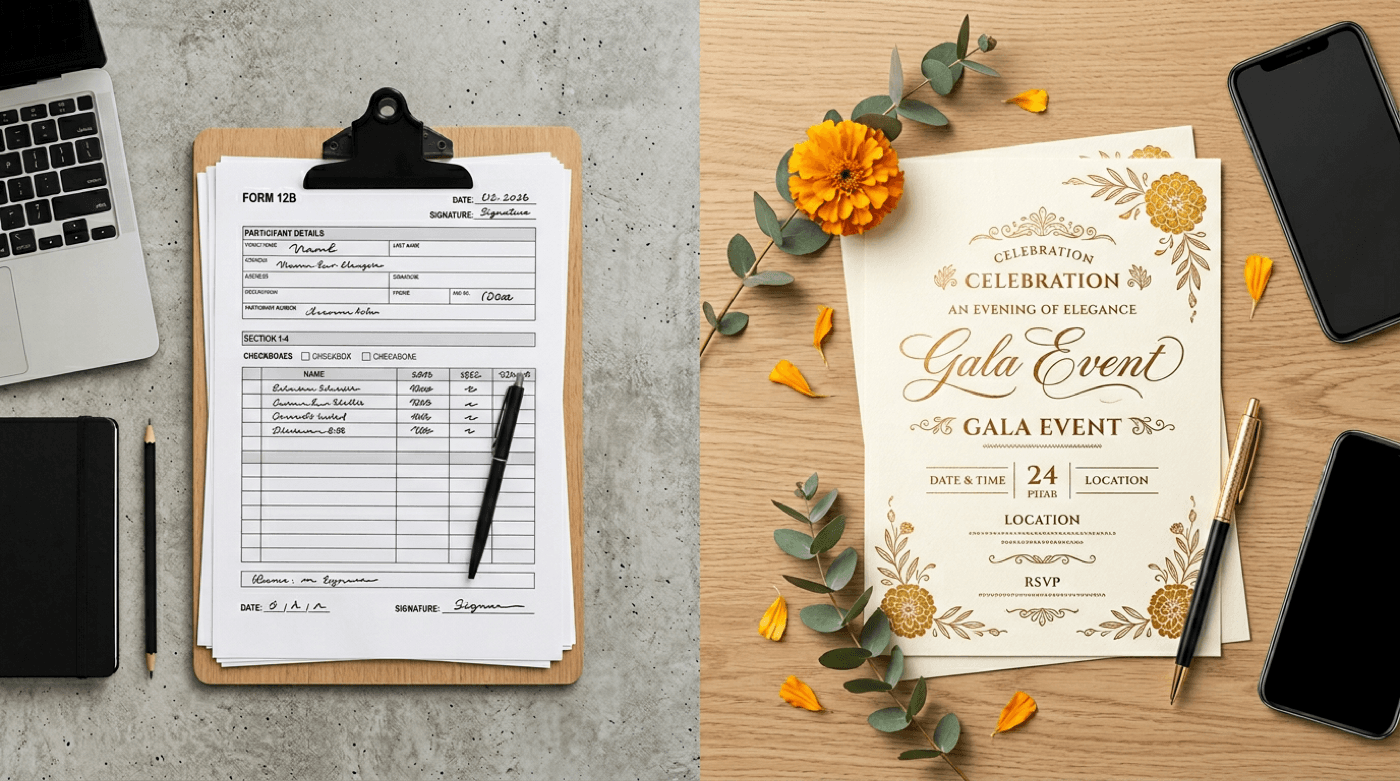 Stylized still life: generic form versus polished invite page concept, devices and marigold accent