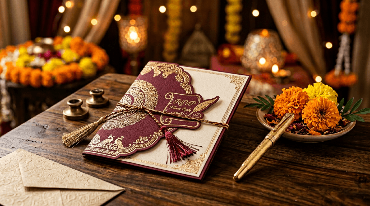 Stylized still life: invitation with RSVP motif, gold pen, marigold accent, warm festive bokeh