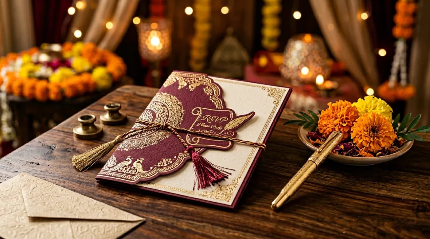 Stylized still life: invitation with RSVP motif, gold pen, marigold accent, warm festive bokeh