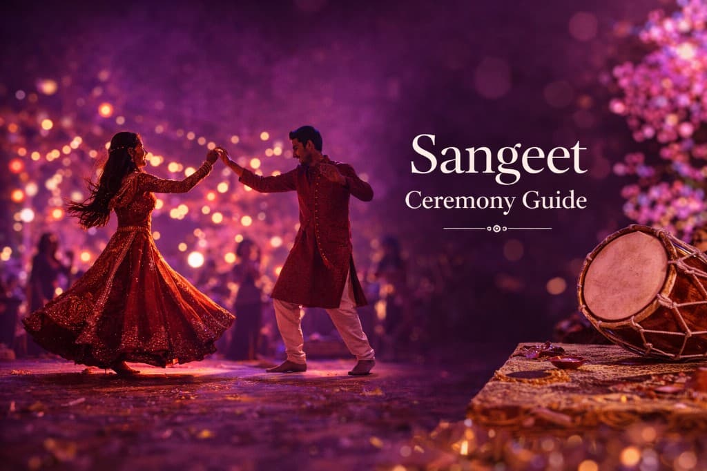 Couple dancing during a vibrant Sangeet night with dhol and stage lights