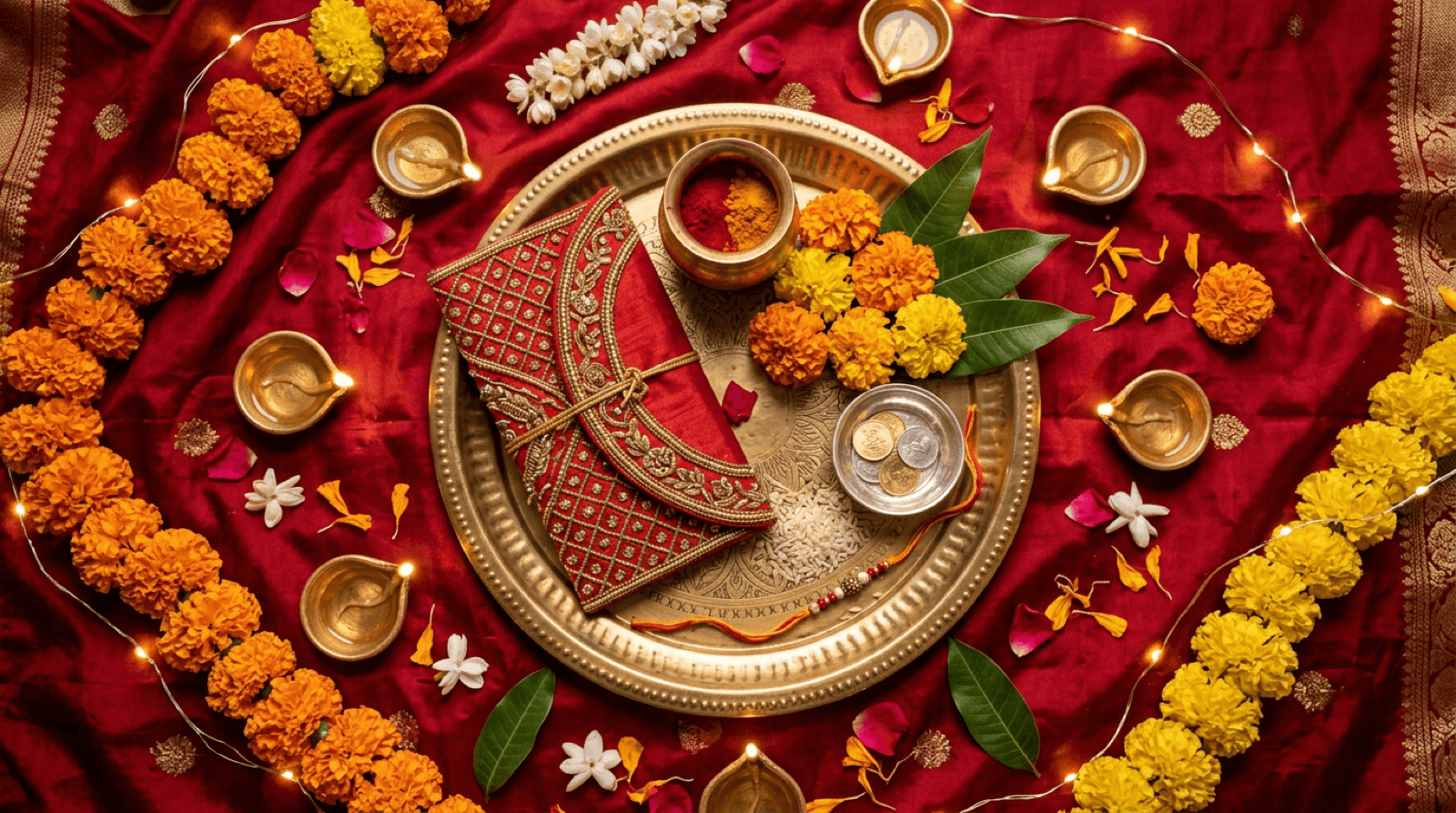 Stylized still life: wedding blessing table with red silk, brass thali, marigold, and shagun envelope
