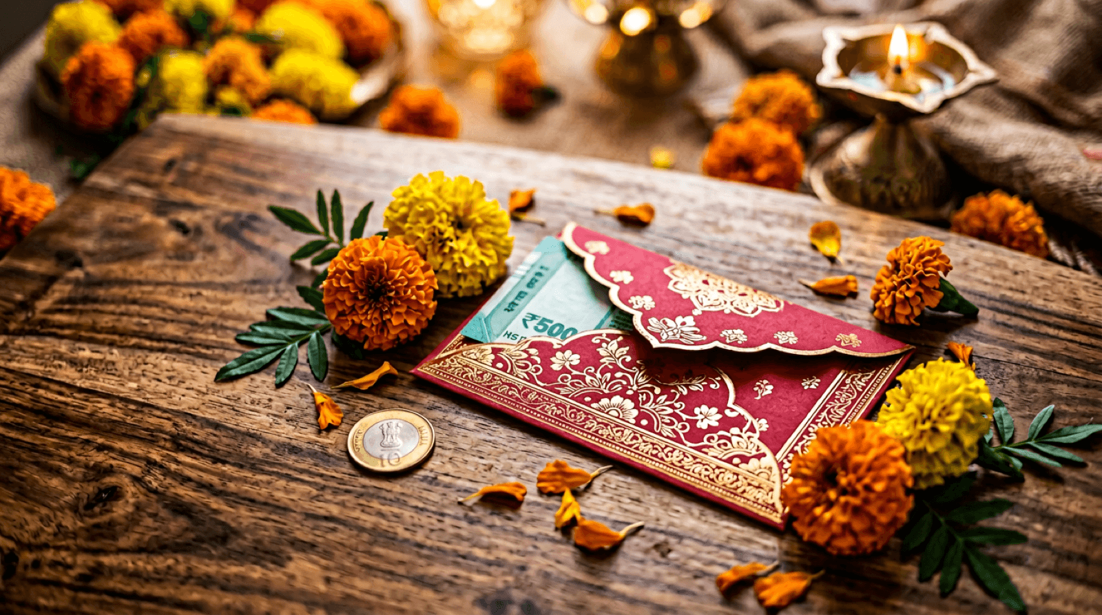 Stylized still life: auspicious gift envelope, note stack with extra coin motif, marigold and gold thread