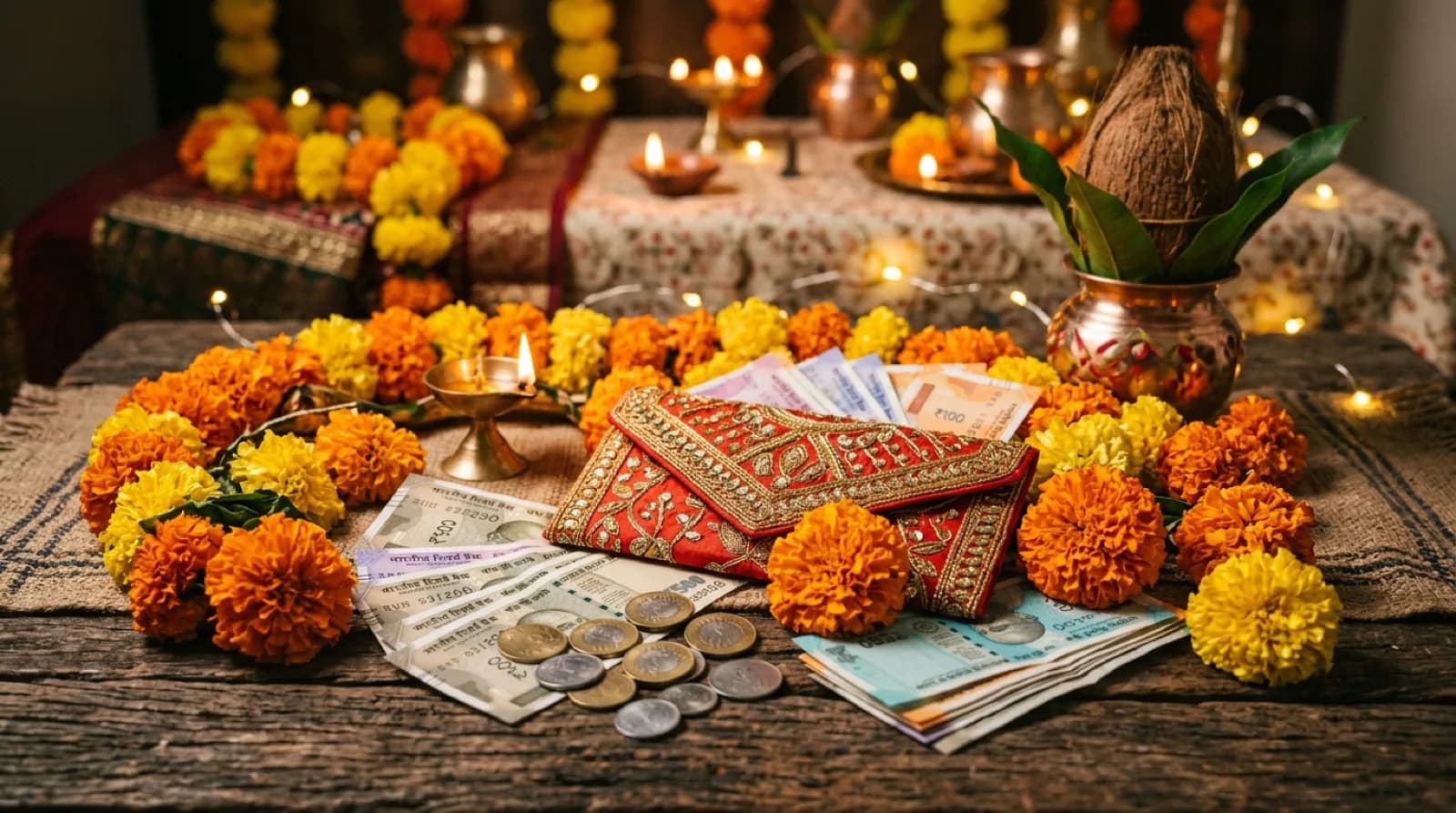 Stylized still life: Indian shagun with coins, notes, marigold, envelope, and warm festive lights