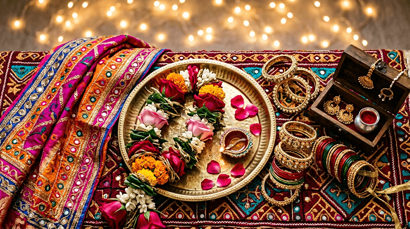 Stylized still life: colorful silk, gold jewellery, rose garland on a brass plate, warm bokeh