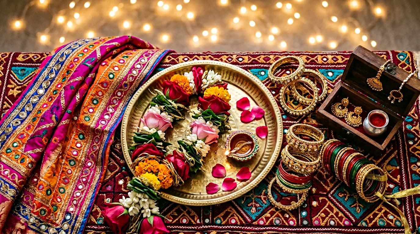 Stylized still life: colorful silk, gold jewellery, rose garland on a brass plate, warm bokeh