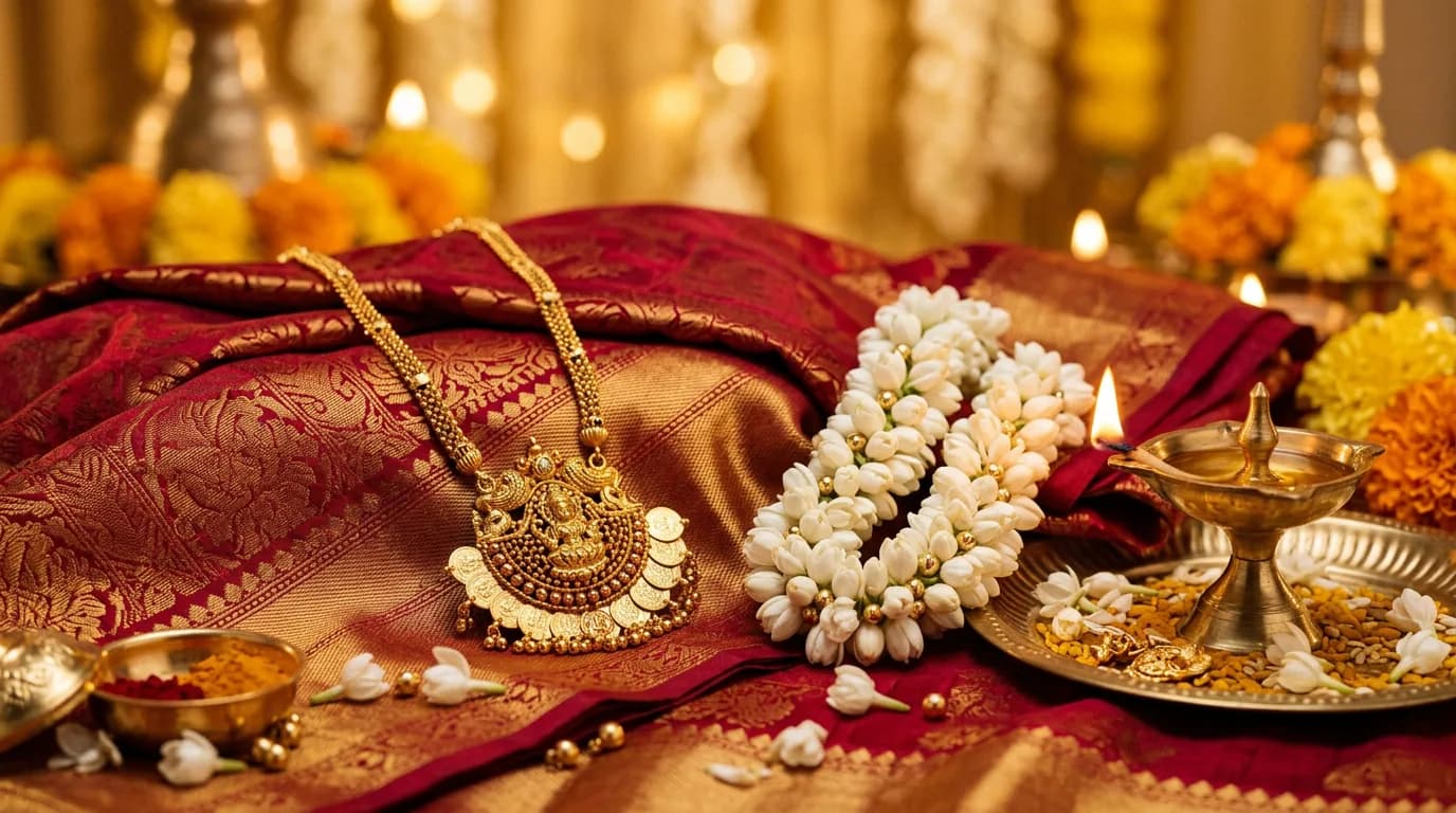Stylized still life: gold thali necklace, jasmine, Kanjivaram-style silk folds, brass vilakku
