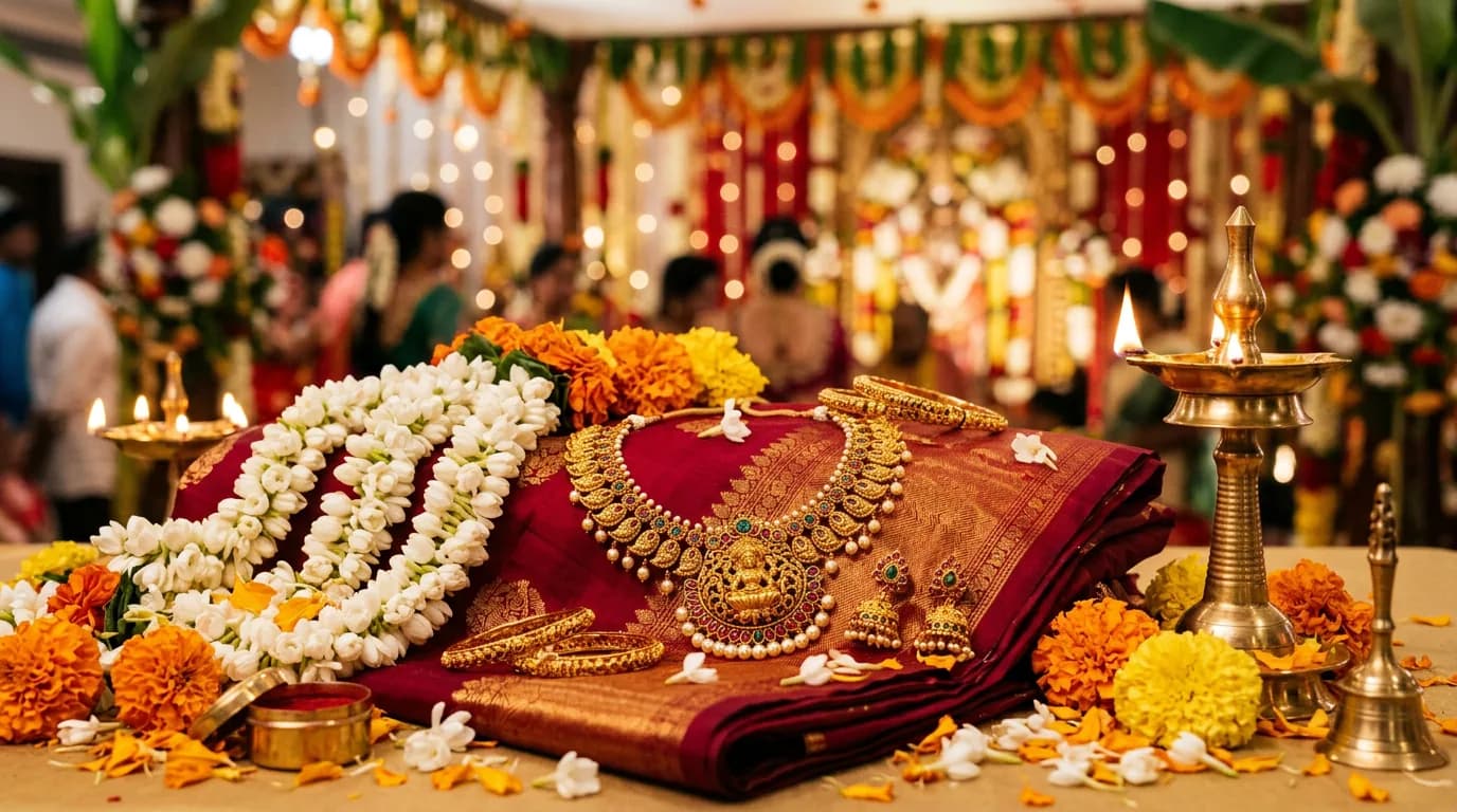 Stylized still life: gold temple jewellery on silk, jasmine gajra, marigold accents, brass lamp glow