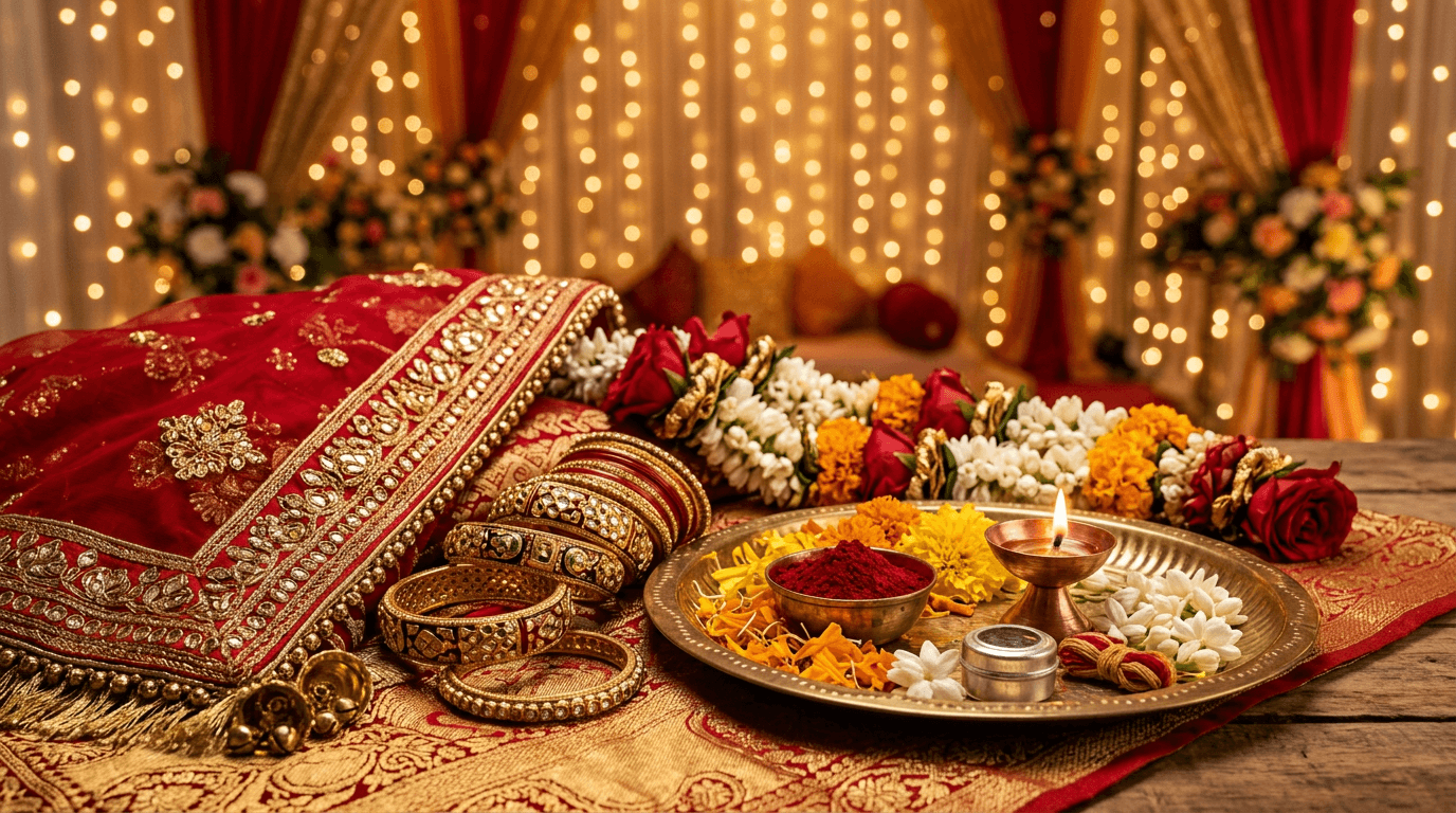 Stylized still life: embroidered red dupatta, sindoor thali, gold bangles and rose garland, warm festive bokeh