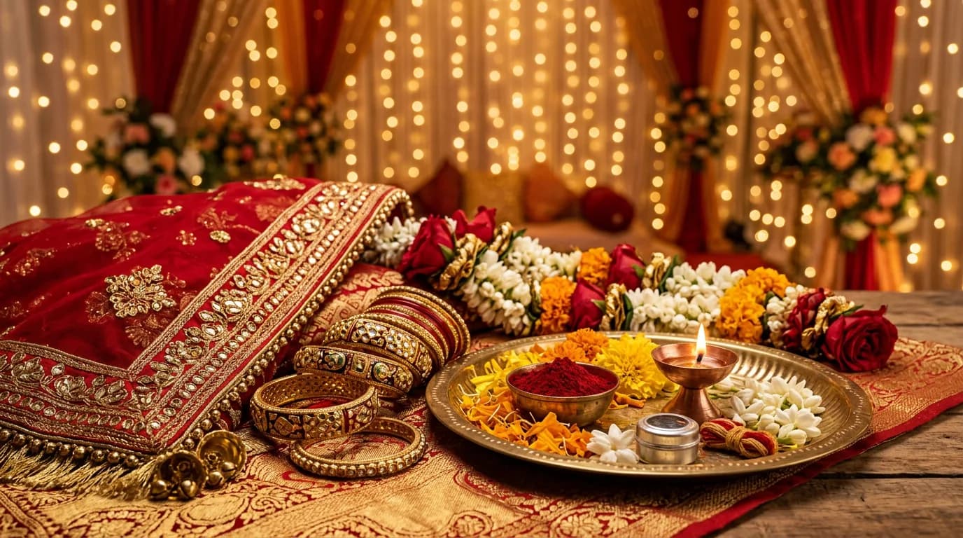 UP wedding symbolic still life with festive red tones and traditional accessories