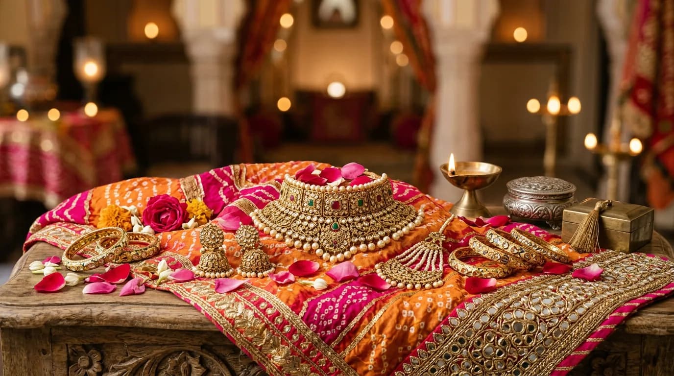 Bandhani fabric, gold jewellery, and mirror-work textile evoking Rajasthani wedding style